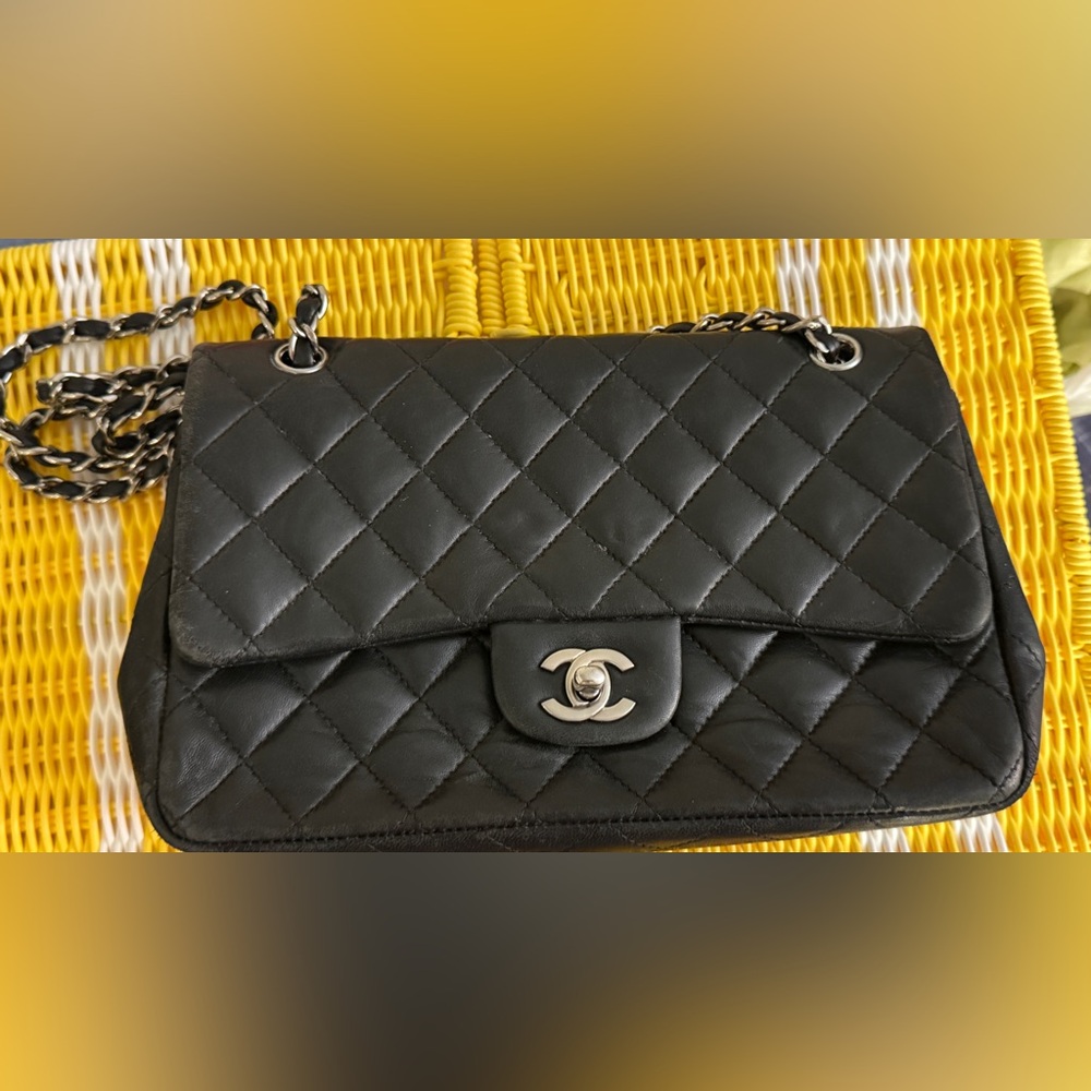 Authentic Chanel Medium Black Caviar Leather Single Flap Handbag